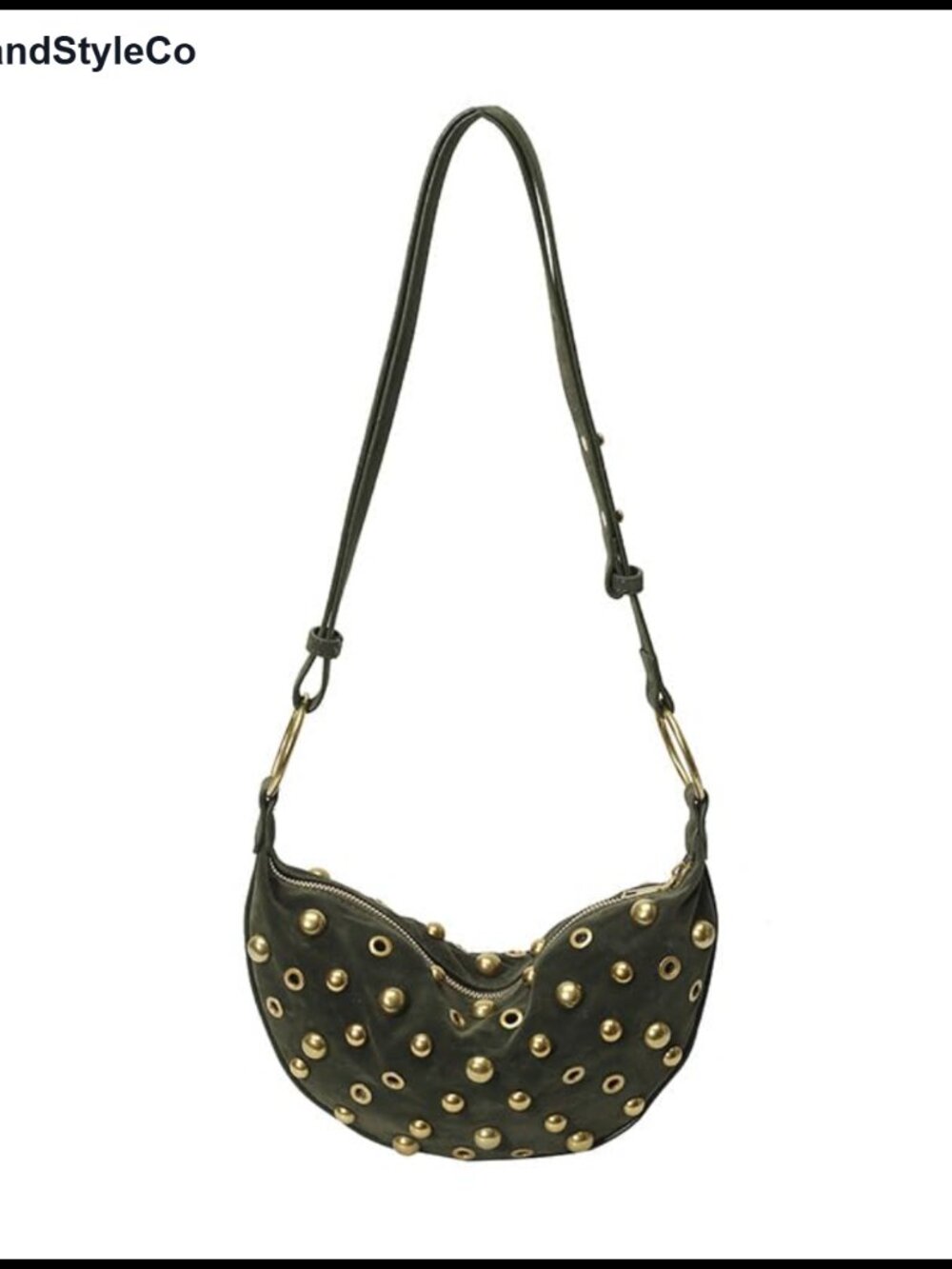 Faux Suede Studded Hobo Shoulder Bag Adjustable Strap Crescent Purse